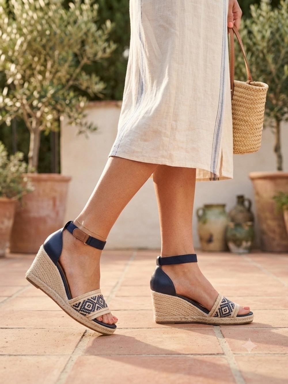 Tommy Hilfiger Navy Blue Espadrille Wedge Sandals with Patterned Toe